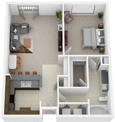Floor plan for 1 bed, 1 bath, 694 sqft